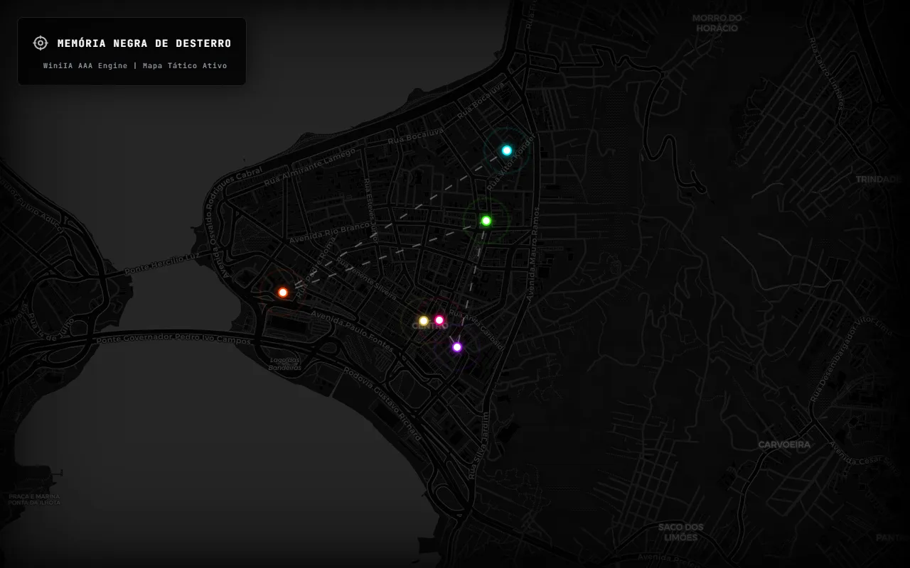 Mapa interativo escuro do centro de Florianópolis com pontos de memória do projeto Memória Negra de Desterro